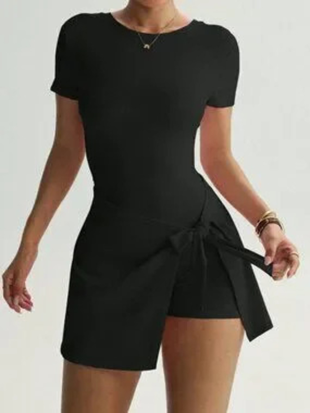 Black Casual Women's Round Neck Slim Fit Button Fly Pocket Backless Dress